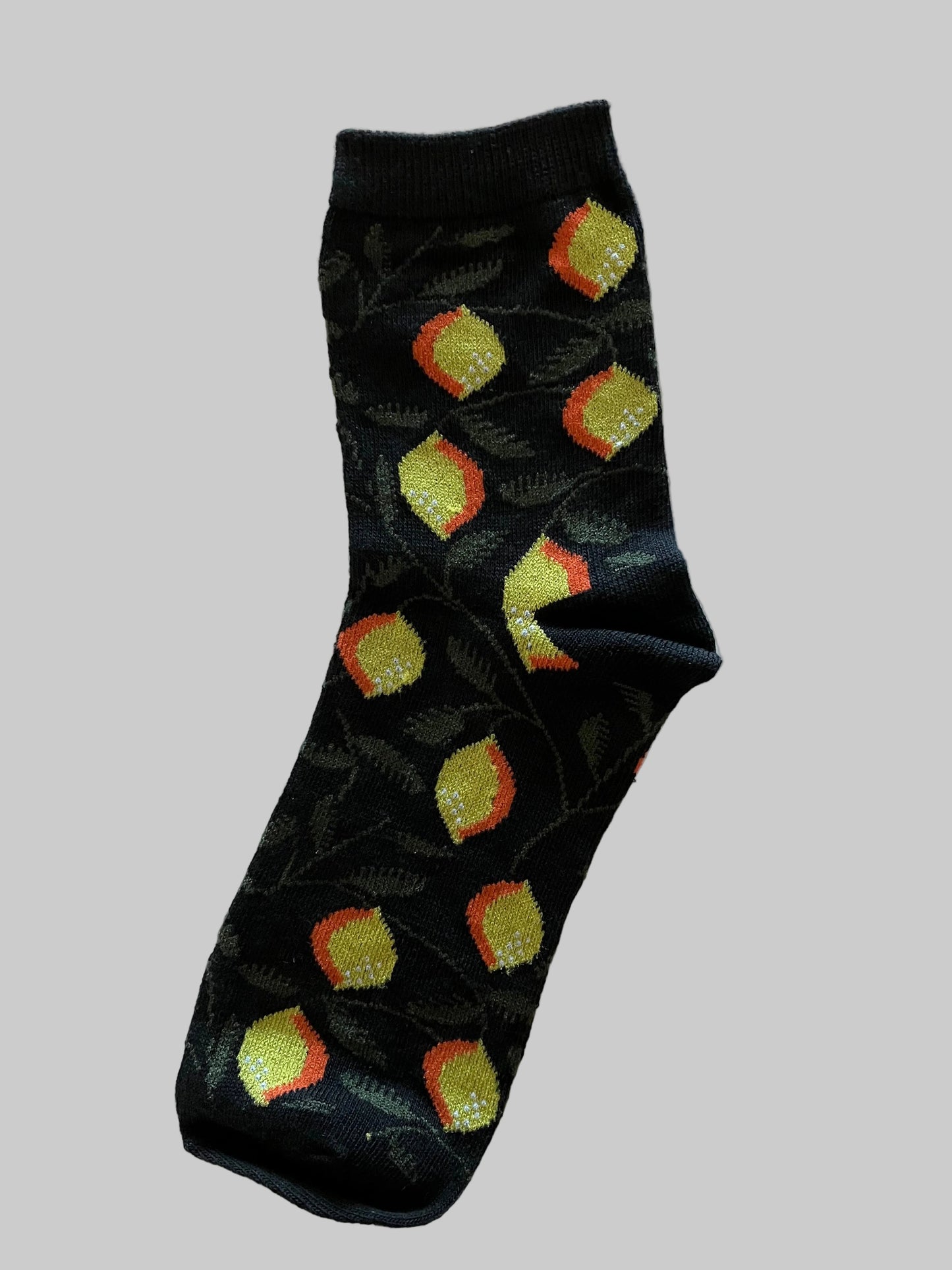 Women's Crew Socks Black with Yellow/Orange Acorns