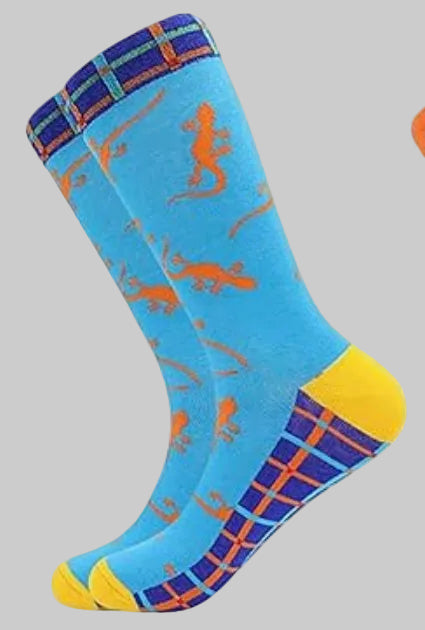 Men's Fun Dress Crew Socks – Blue with Orange Gecko