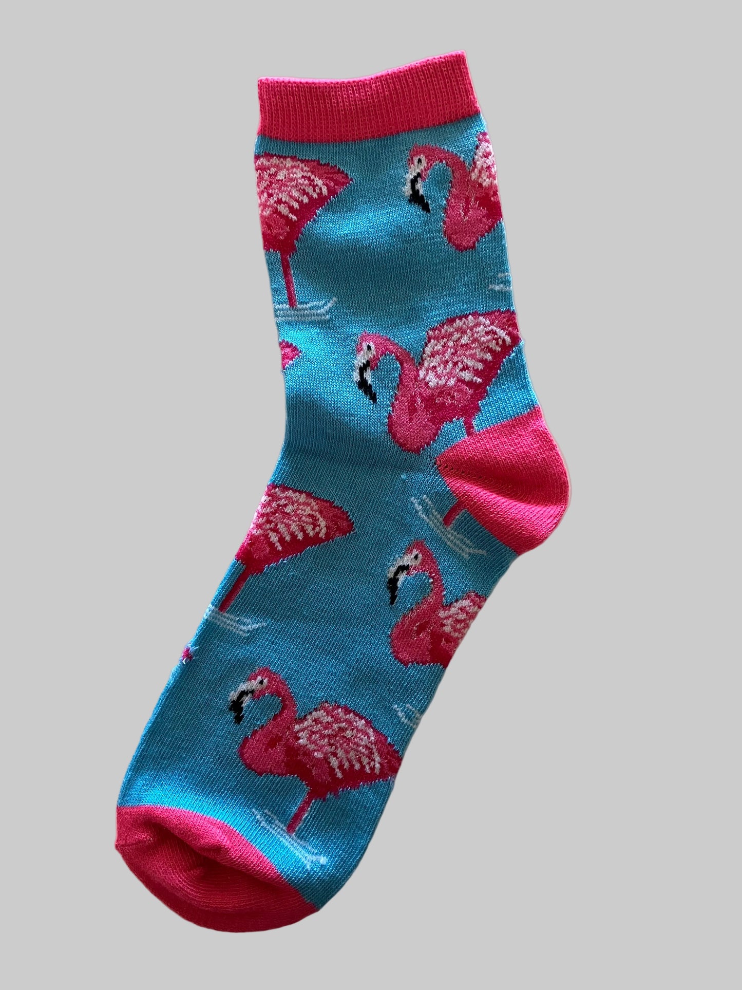 Women's Crew Socks Blue with Pink Flamingos