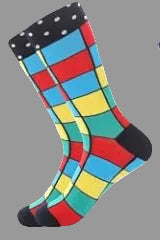 Men's Fun Dress Crew Socks – Rubik's Cube Pattern with Black/White Polka Dot Band