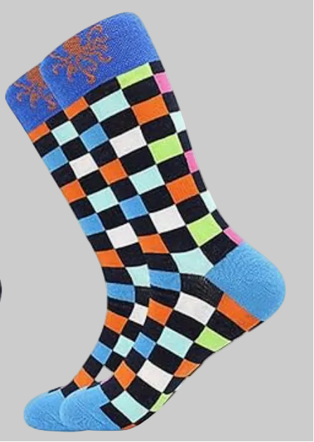 Men's Fun Dress Crew Socks – Orange Octopus on Blue Band with Multi-Colored Checkers