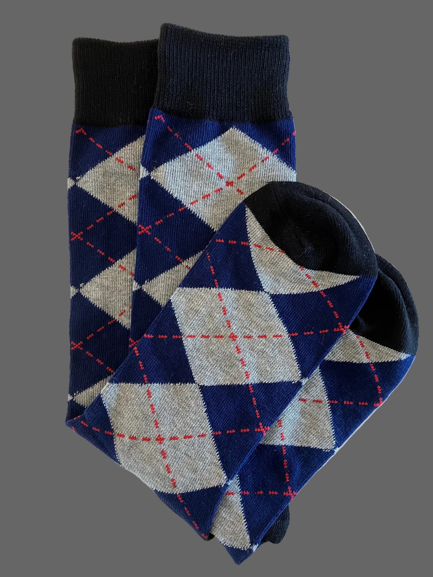 Casual Men's Gray & Navy Blue Argyle Style Crew Sock