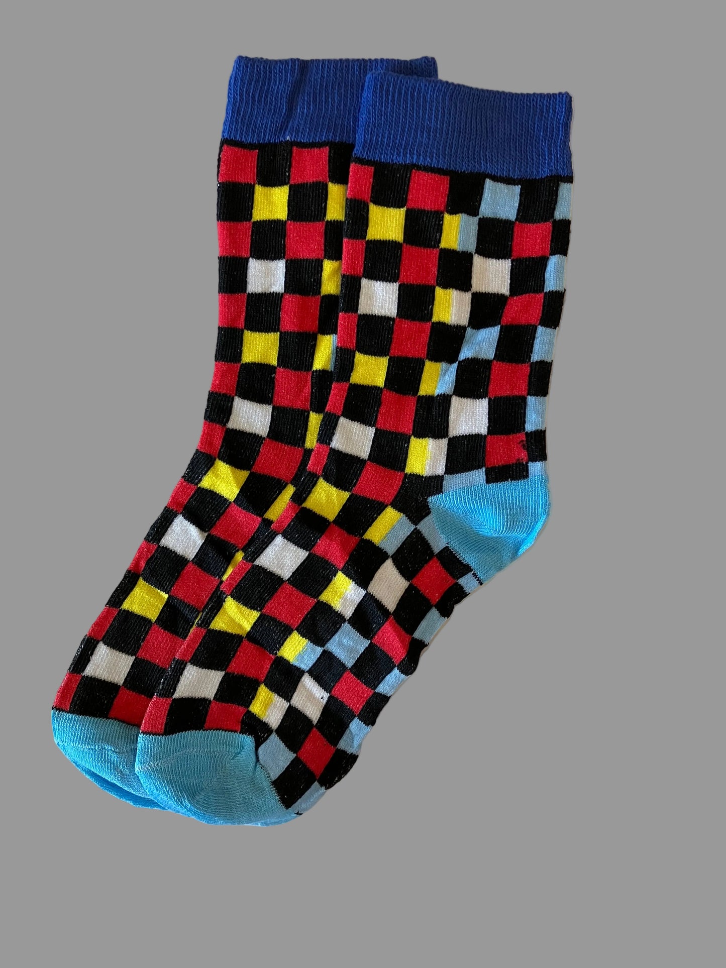 Men's Blue Checkerboard Pattern Blue/Black/Red/Yellow Novelty Sock - Shoe Size 7-11