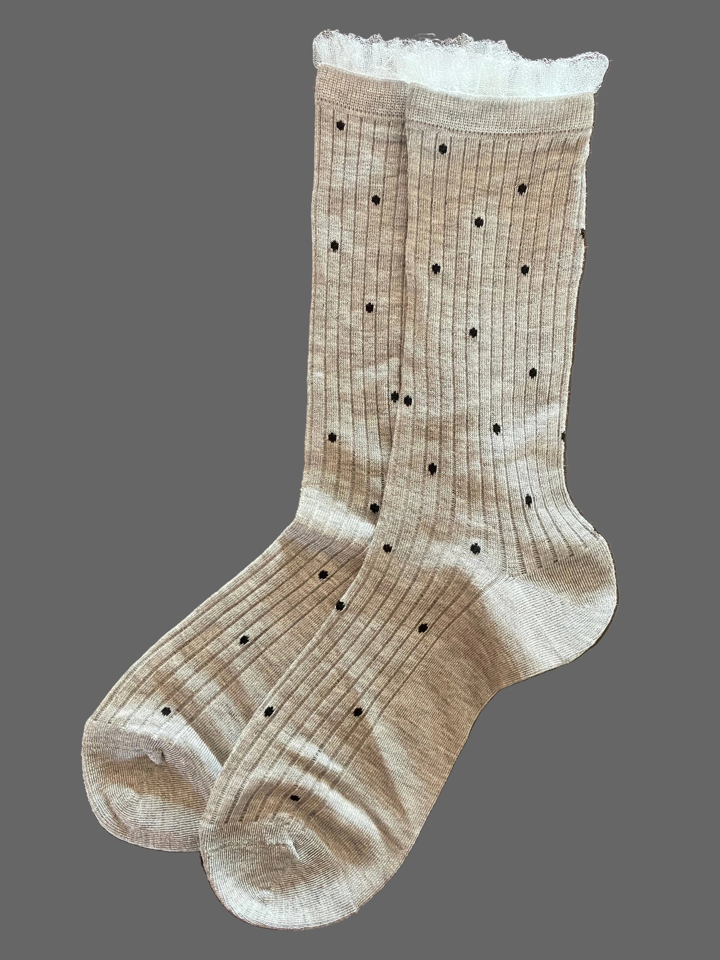 Women's Sheer Crew Socks Bamboo Gray w/Black Polka Dot - One Size