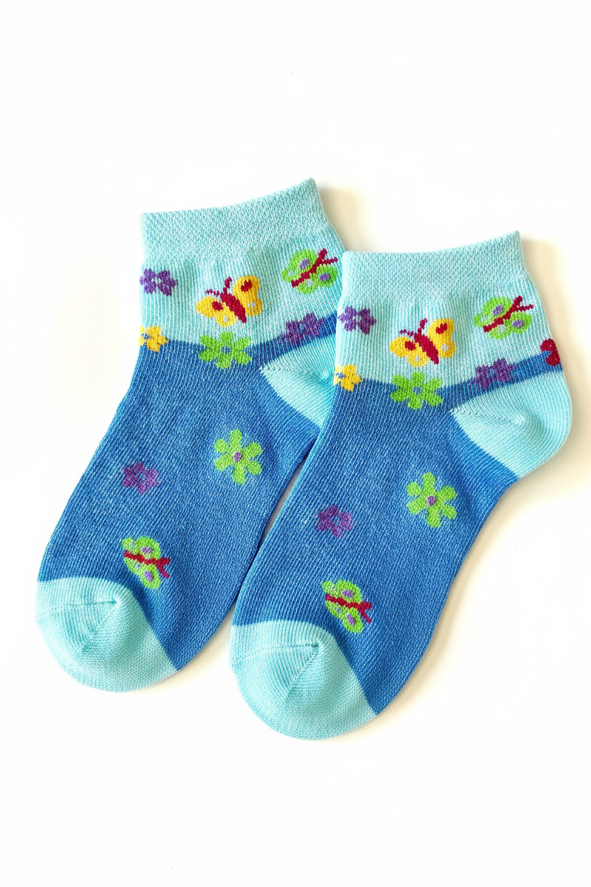 Girl's blue ankle socks with colorful butterfly print and aqua heel and toe