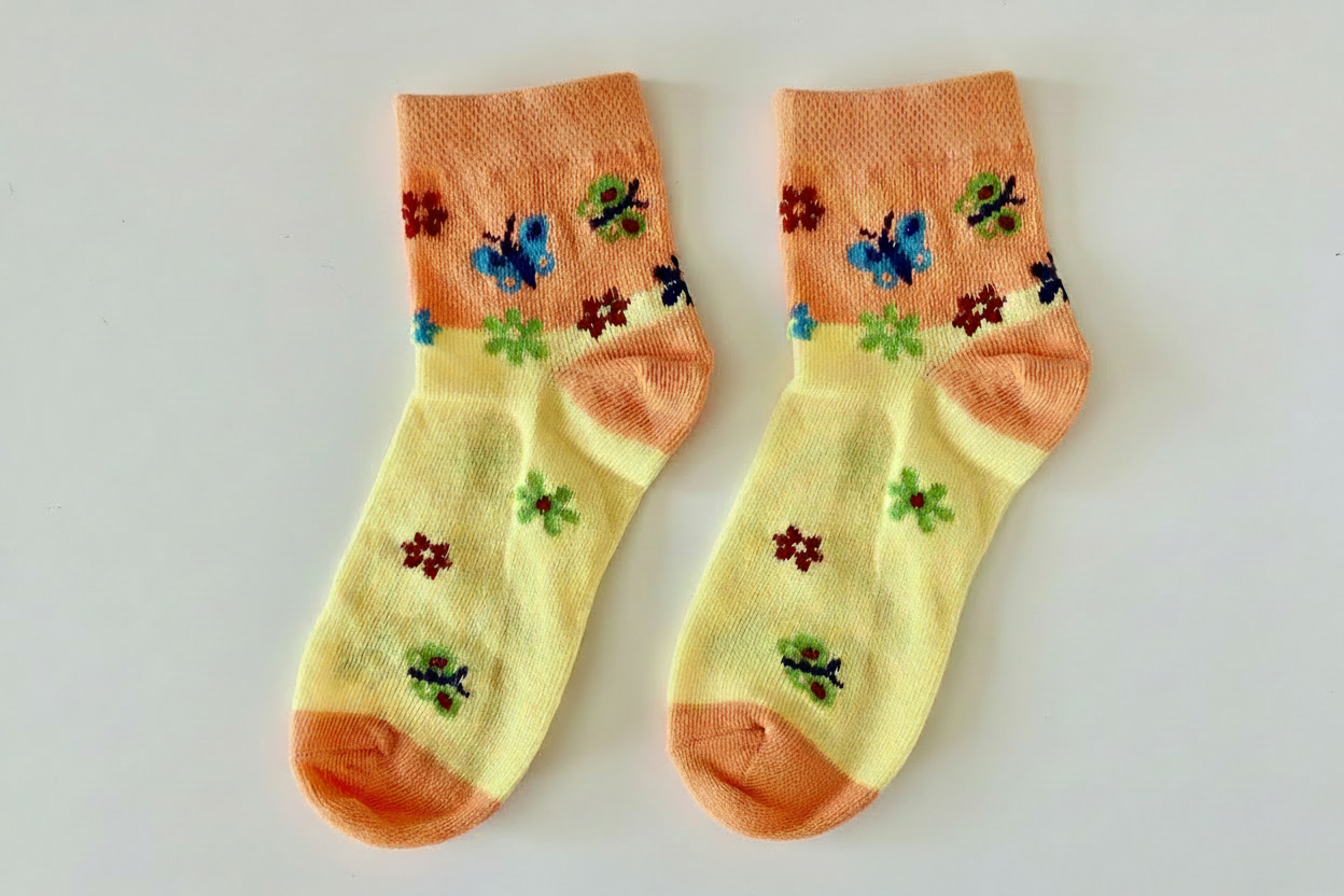 Girls' Butterfly Ankle Socks – Orange Yellow w/Blue & Green Butterflies, two socks side by side