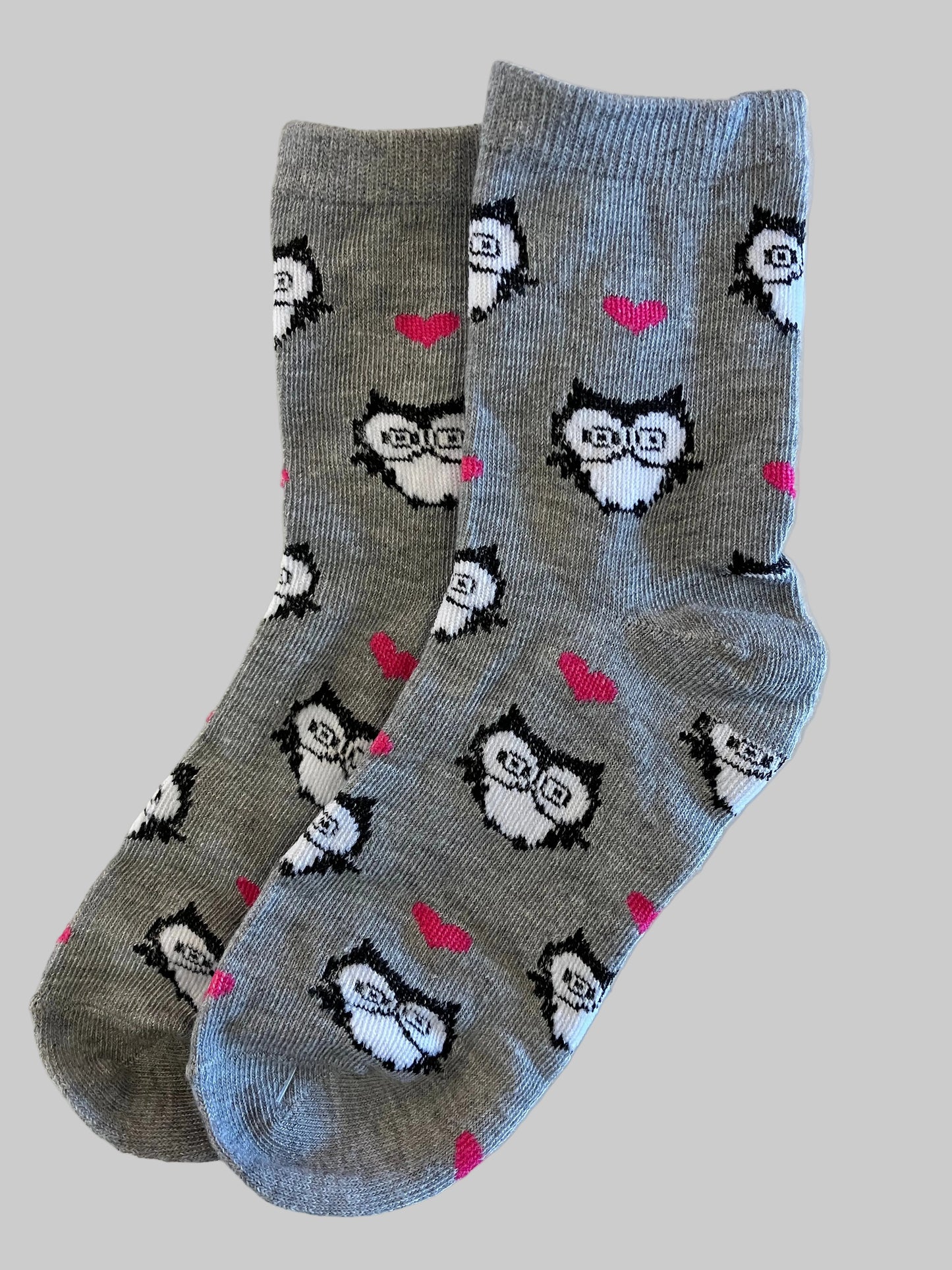 Kids Adorable Gray Owl with Pink Hearts Cotton Crew Sock