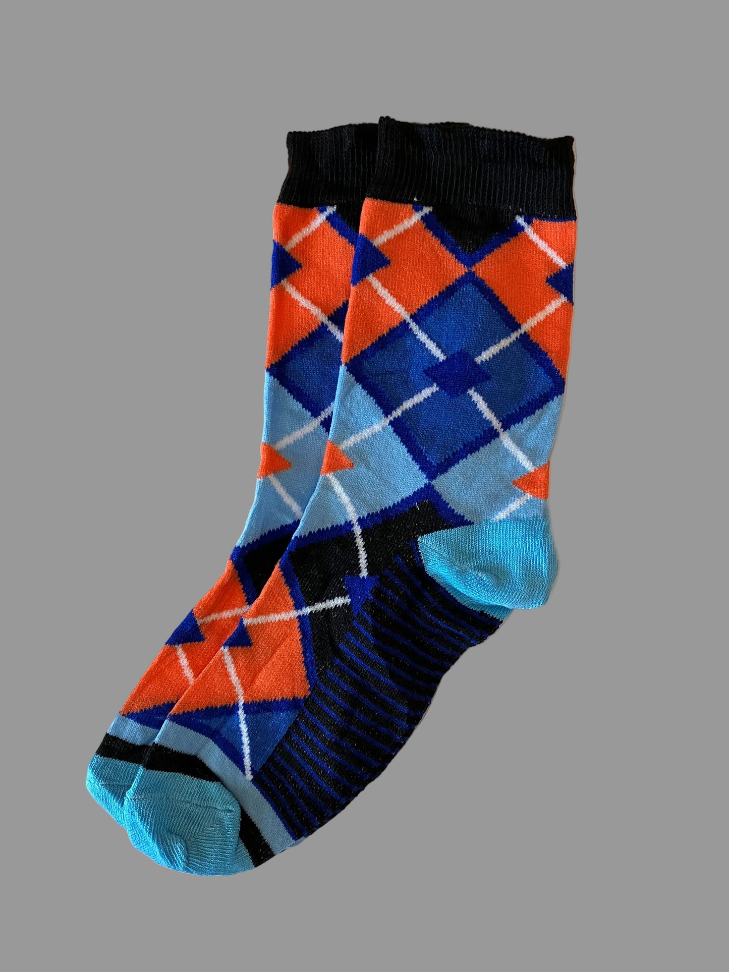 Men's Black/Orange/Blue Diamond Geometric Novelty Sock - Shoe Size 7-11