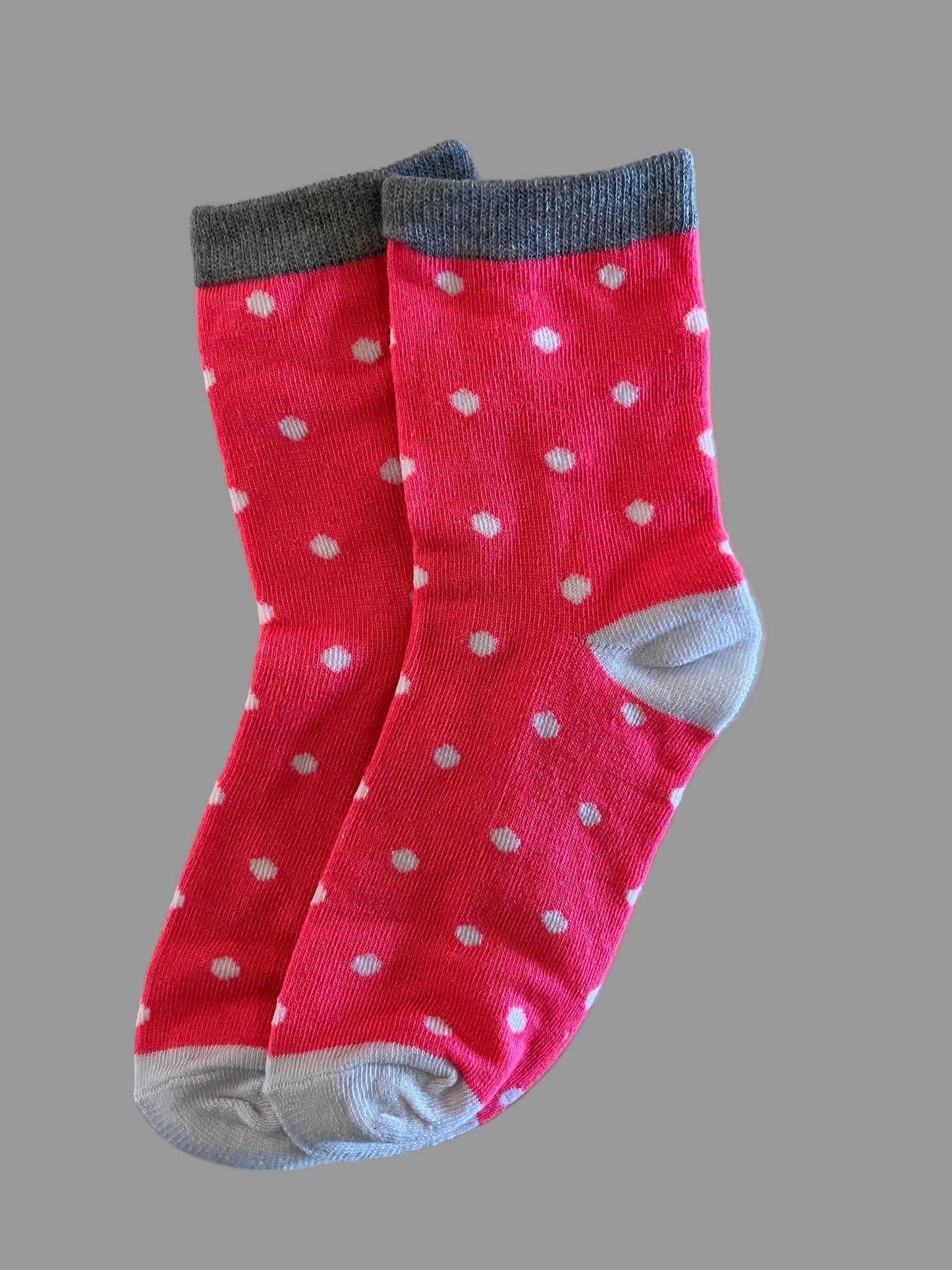 Kids Pink with White Polka Dots/Gray Trim Cotton Crew Sock