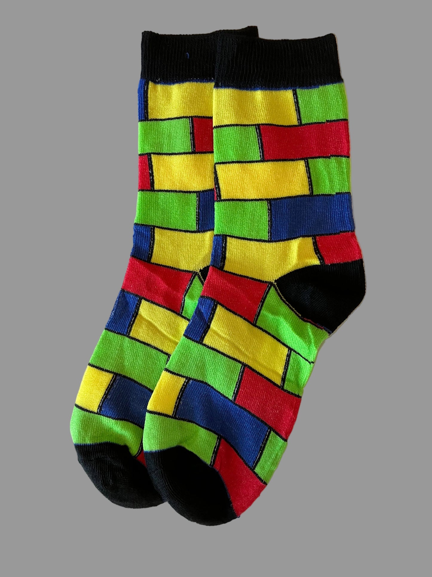 Men's Black Block Pattern Green/Blue/Yellow/Red Novelty Sock - Shoe Size 7-11