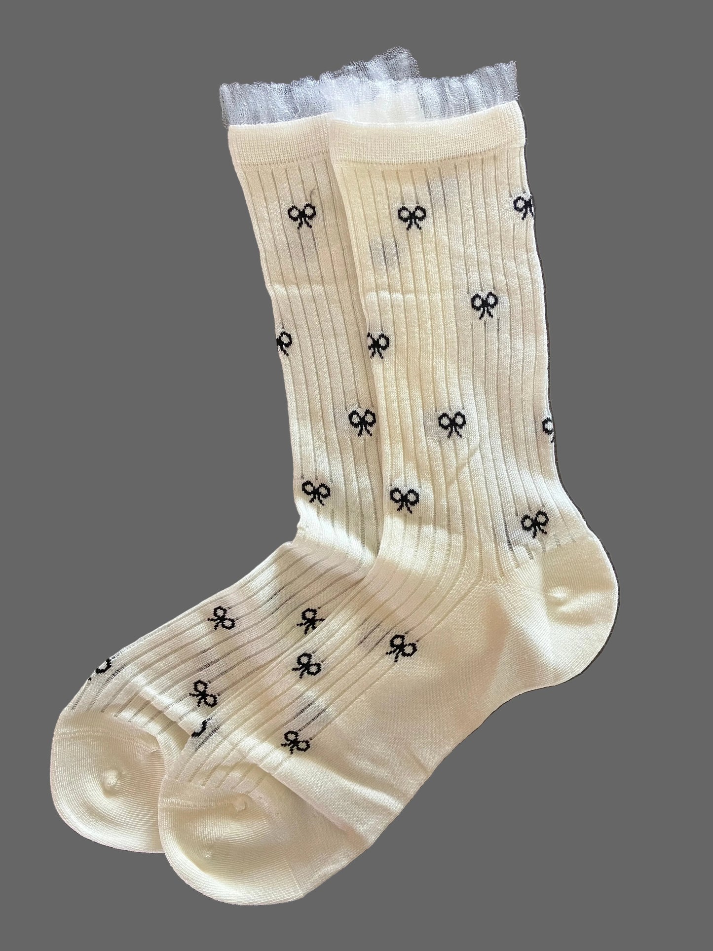 Women's Bamboo Mid-Calf Socks Lace Trim w/ Bow Tie - Cream - One Size