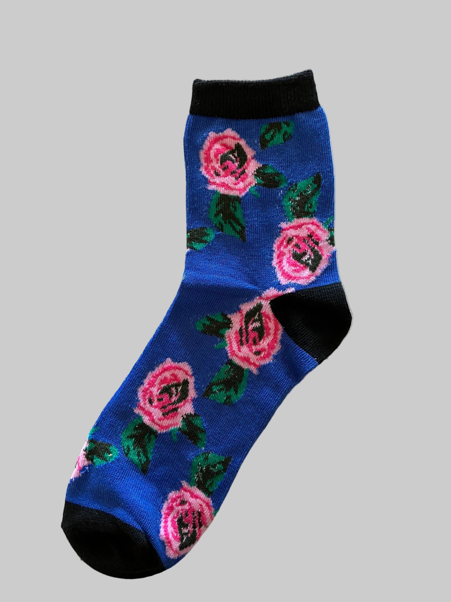Women's Crew Socks Blue with Pink Roses