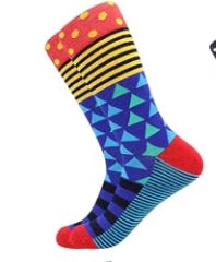 Men's Fun Dress Crew Socks – Orange/Yellow Polka Dots & Blue Triangles