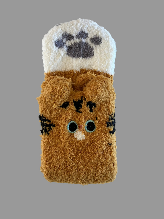 Universal Fuzzy Brown with White Paws Cat Crew Socks