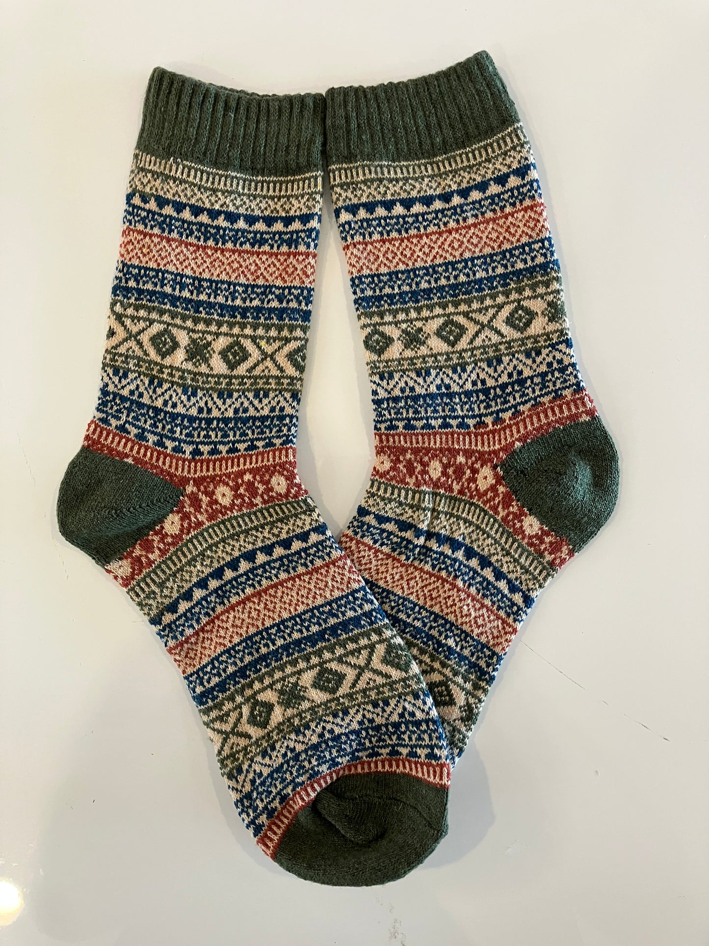 Unisex Geometric Green Block Cotton Wool Crew Socks