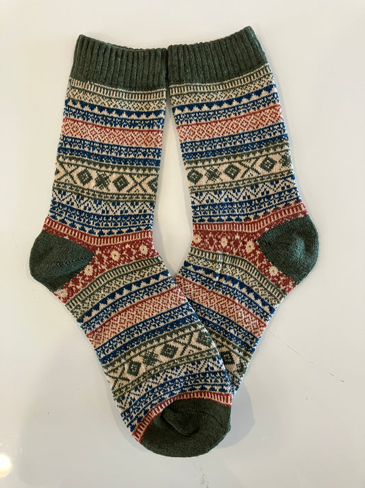 Unisex Geometric Green Block Cotton Wool Crew Socks