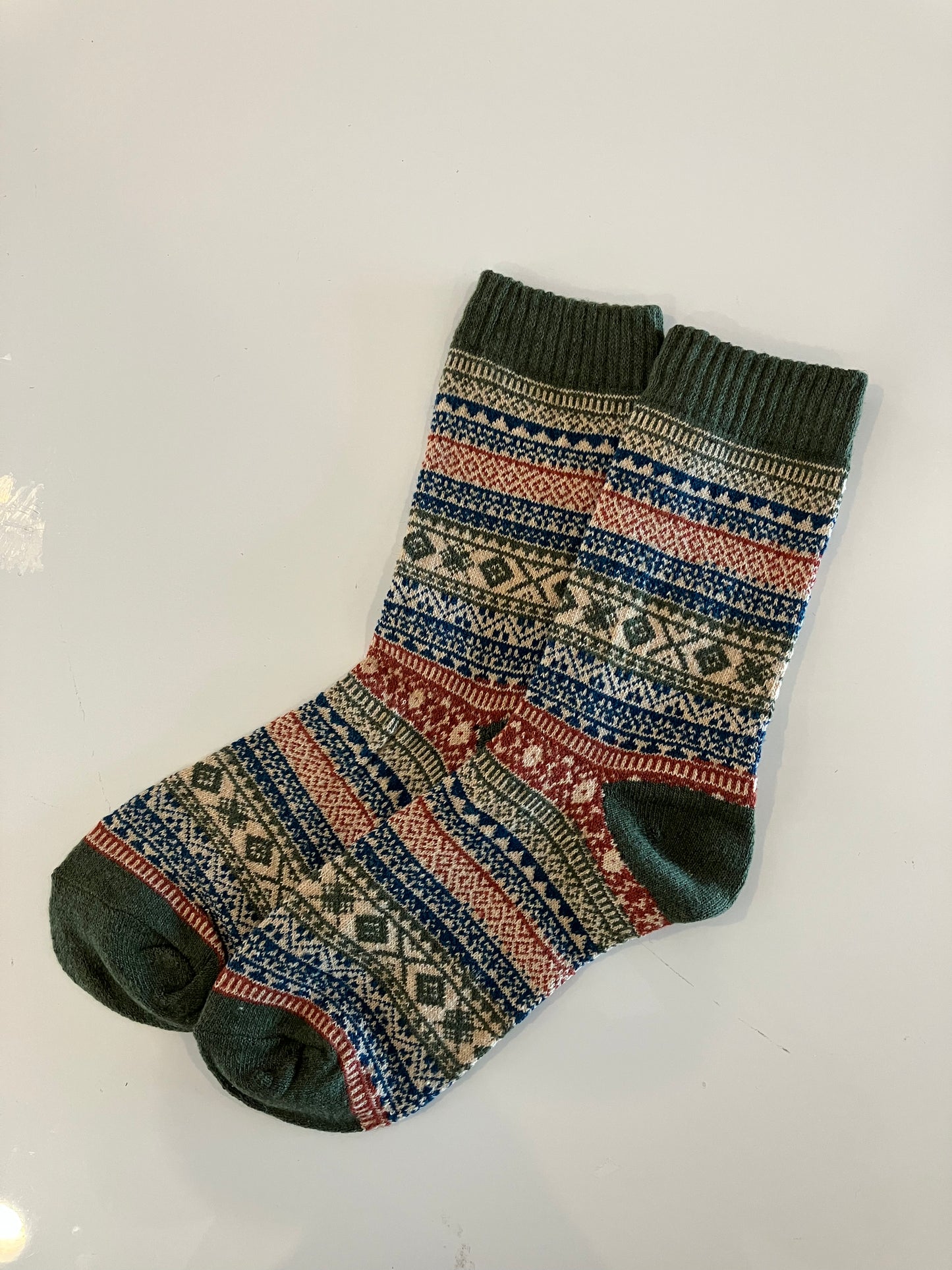 Unisex Geometric Green Block Cotton Wool Crew Socks