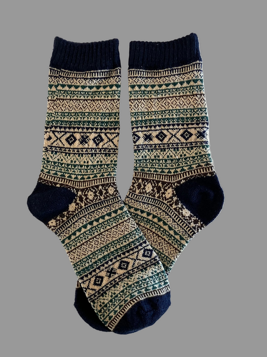 Unisex Geometric Dark Blue Block Cotton Wool Crew Socks