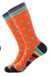 Men's Fun Dress Crew Socks – Orange/Blue Polka Dots & Striped Bottom and Band