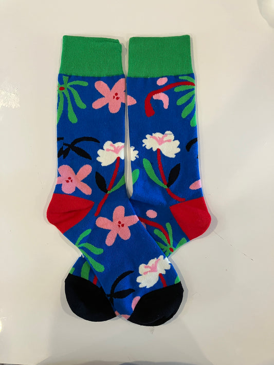 Unisex Casual Flower Blue Base Cotton Crew Sock