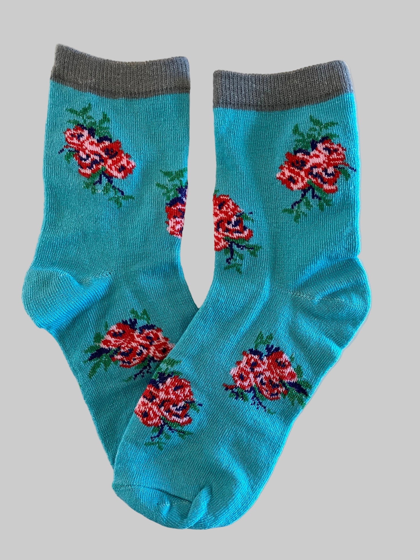 Kids Blue with Gray Trim and  Red/Pink Flowers Cotton Crew Sock