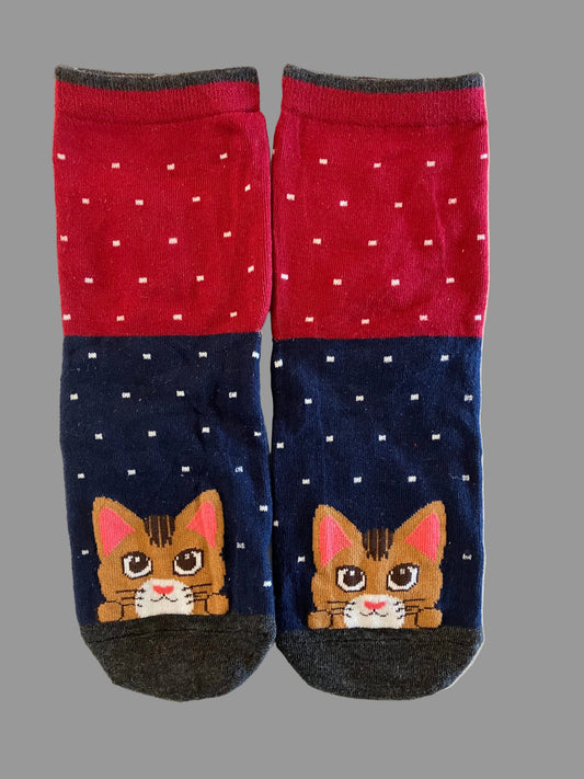 Women's & Kids' Red & Navy Blue "Kitten Love" Peek-a-Boo Kitty Crew Sock