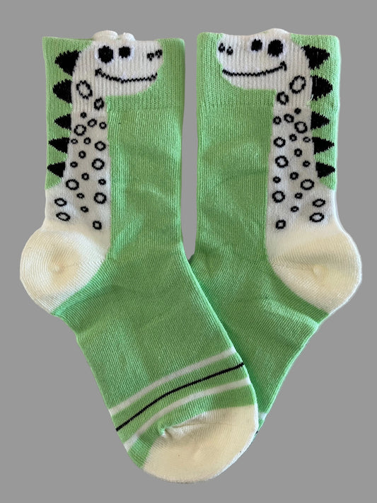 Kids' Green with White Dinosaur Crew Sock