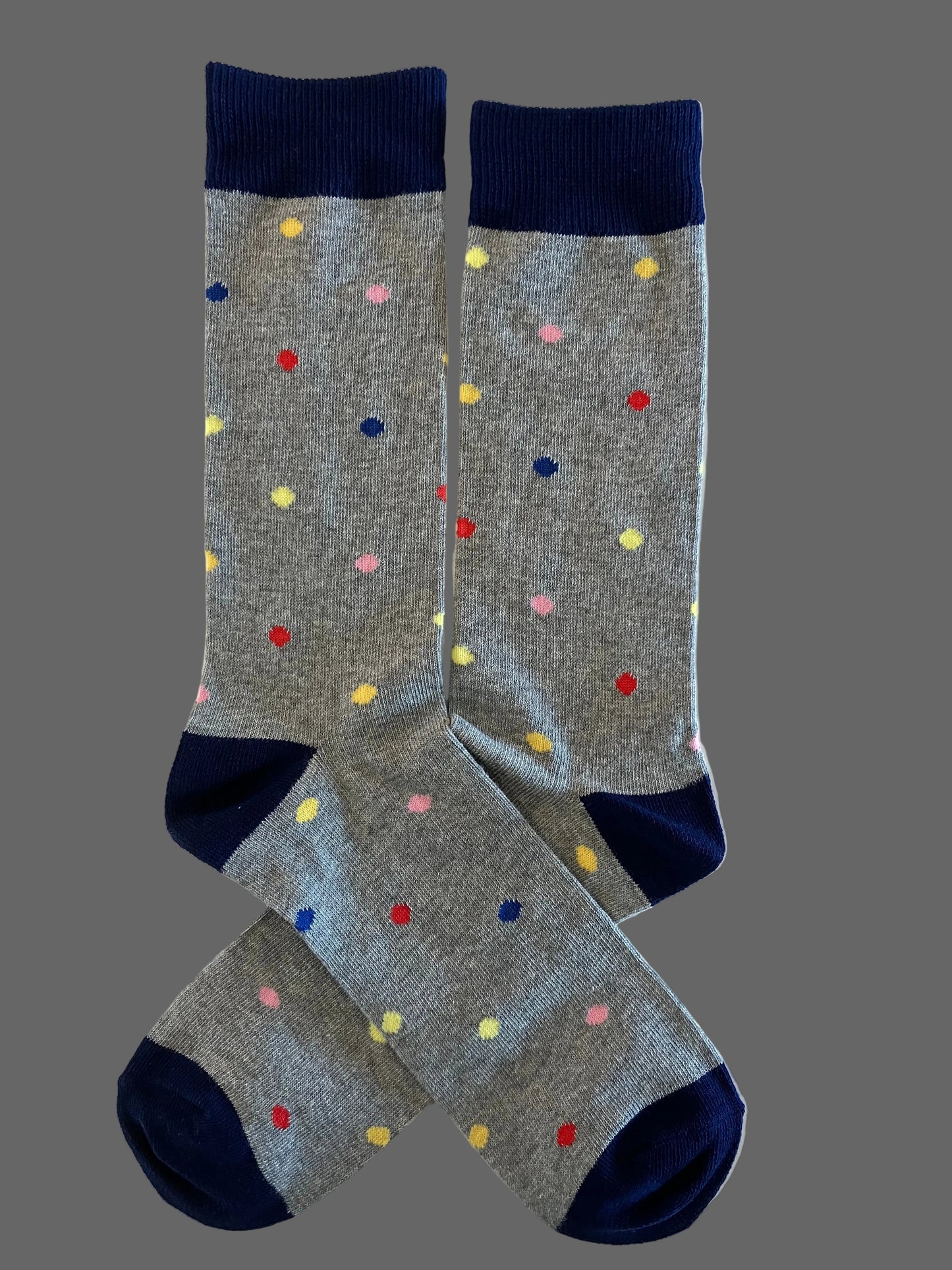 Casual Men's Gray with Navy Blue Accent & Colorful Polka Dots Crew Sock