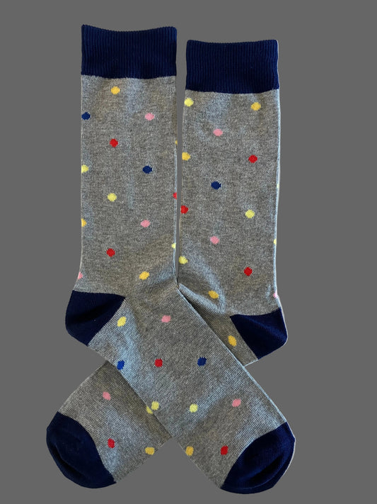 Casual Men's Gray with Navy Blue Accent & Colorful Polka Dots Crew Sock