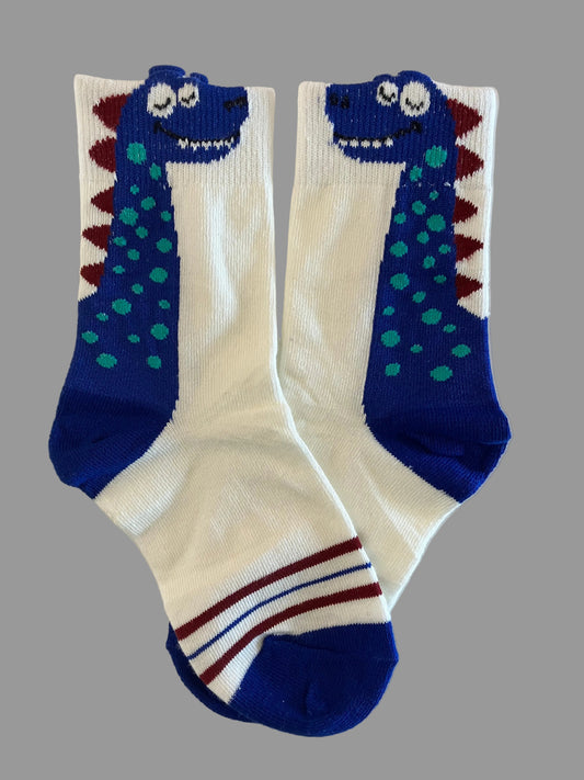 Kids' White with Blue Dinosaur Crew Sock