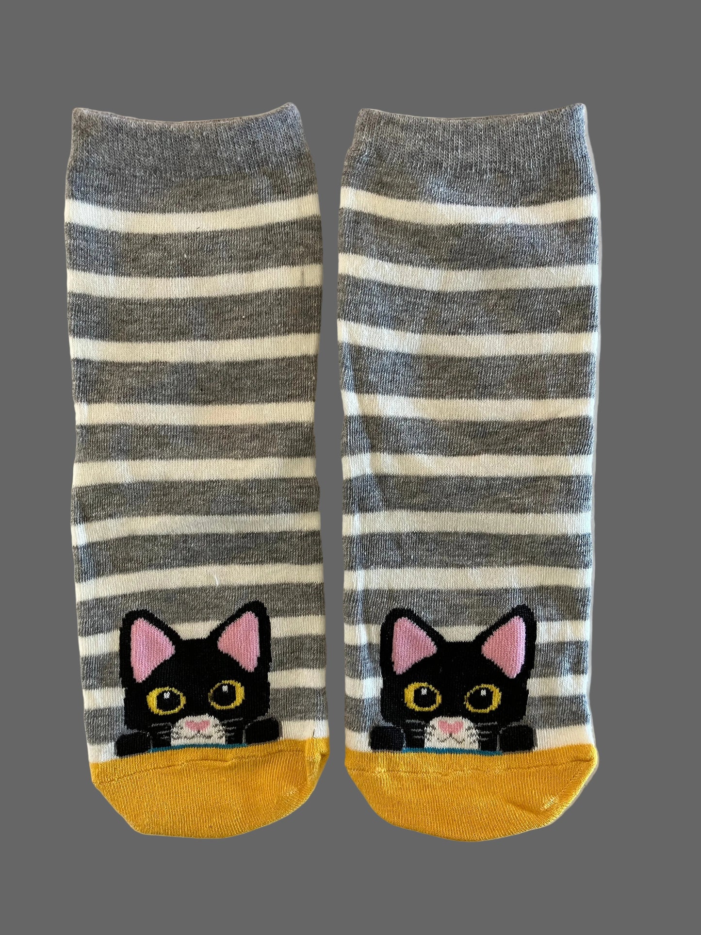Women's & Kids' Gray & White Striped with Mustard Yellow Accent Peek-a-Boo Kitty Crew Sock