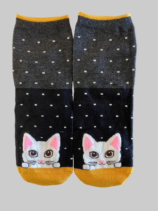 Women's & Kids' Gray & Black with Mustard Yellow Accent Peek-a-Boo Kitty Crew Sock