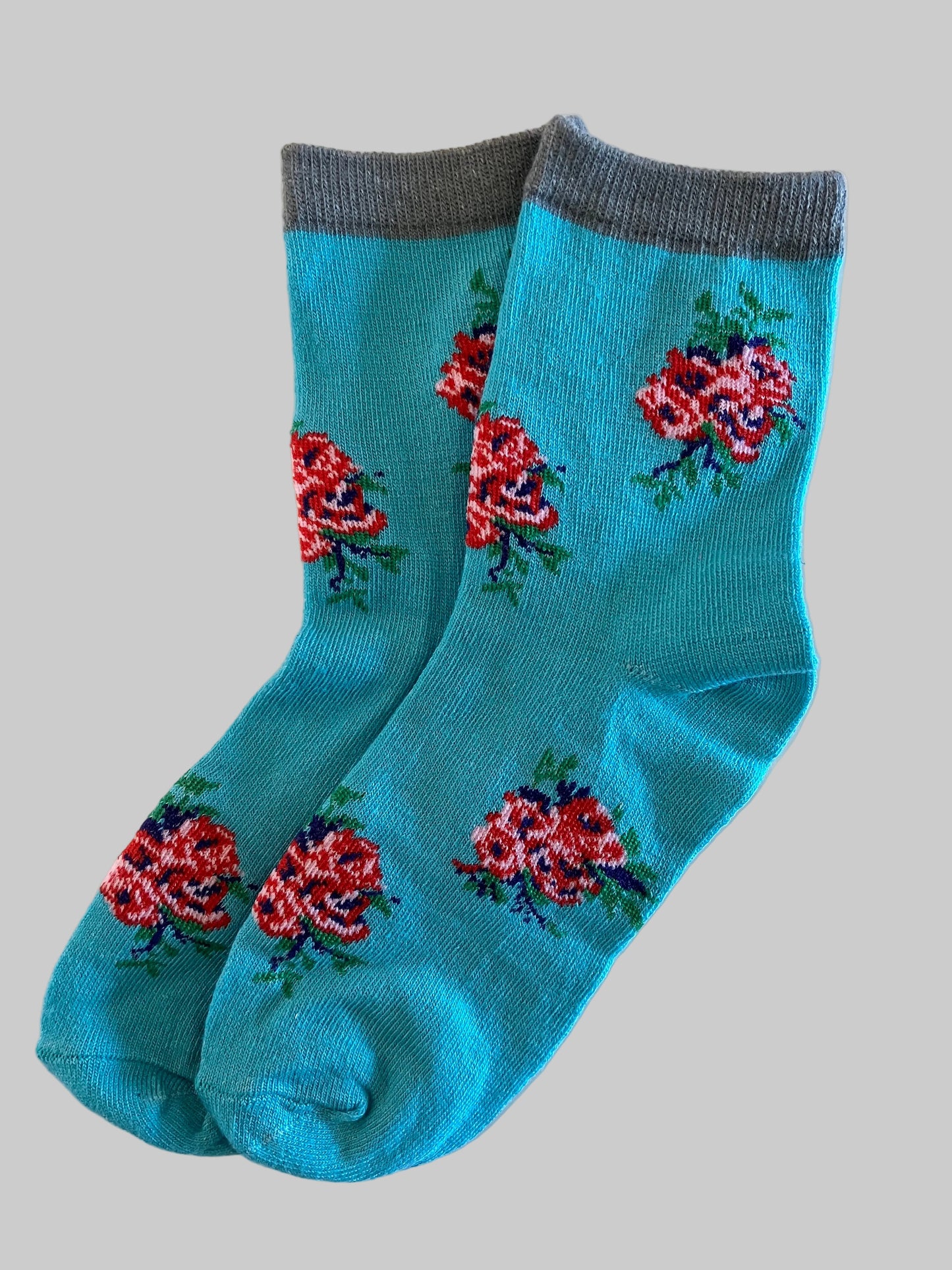 Kids Blue with Gray Trim and  Red/Pink Flowers Cotton Crew Sock