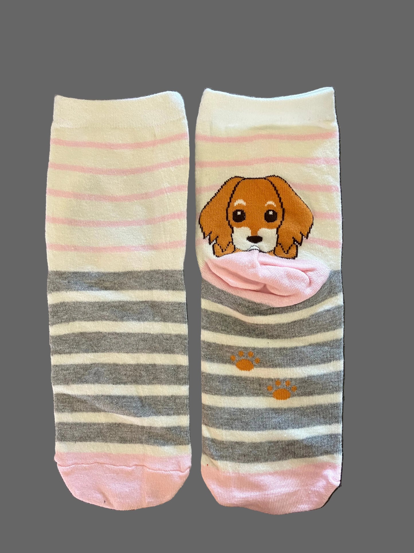 Women's & Kids' White, Pink & Gray Peek-a-Boo Puppy Crew Sock