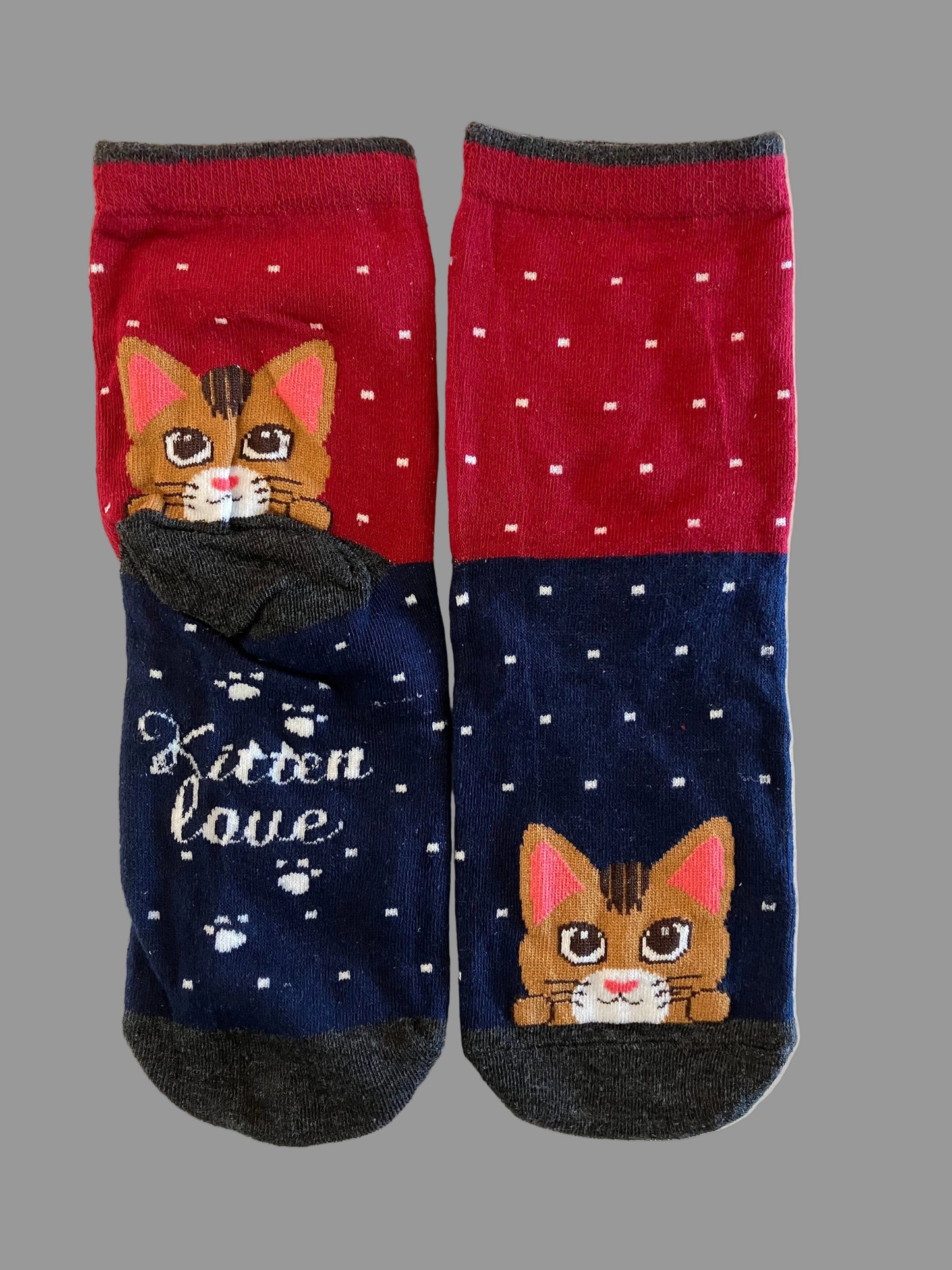 Women's & Kids' Red & Navy Blue "Kitten Love" Peek-a-Boo Kitty Crew Sock