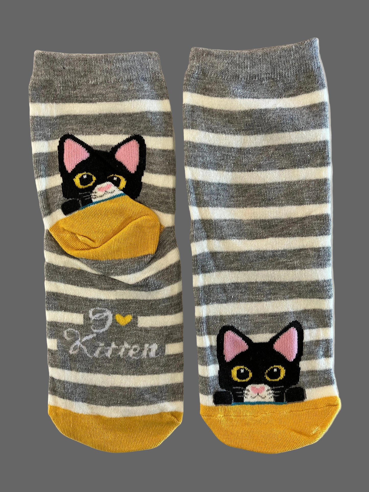 Women's & Kids' Gray & White Striped with Mustard Yellow Accent Peek-a-Boo Kitty Crew Sock