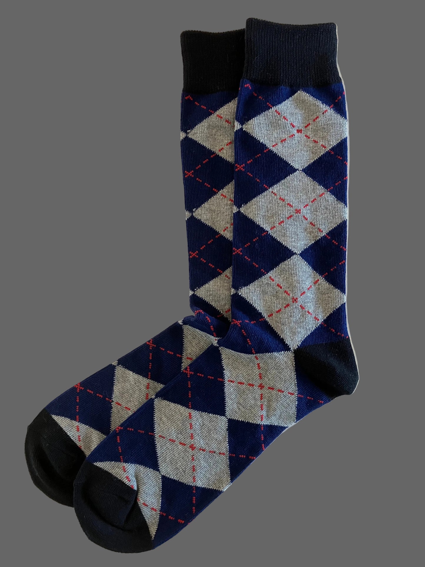 Casual Men's Gray & Navy Blue Argyle Style Crew Sock