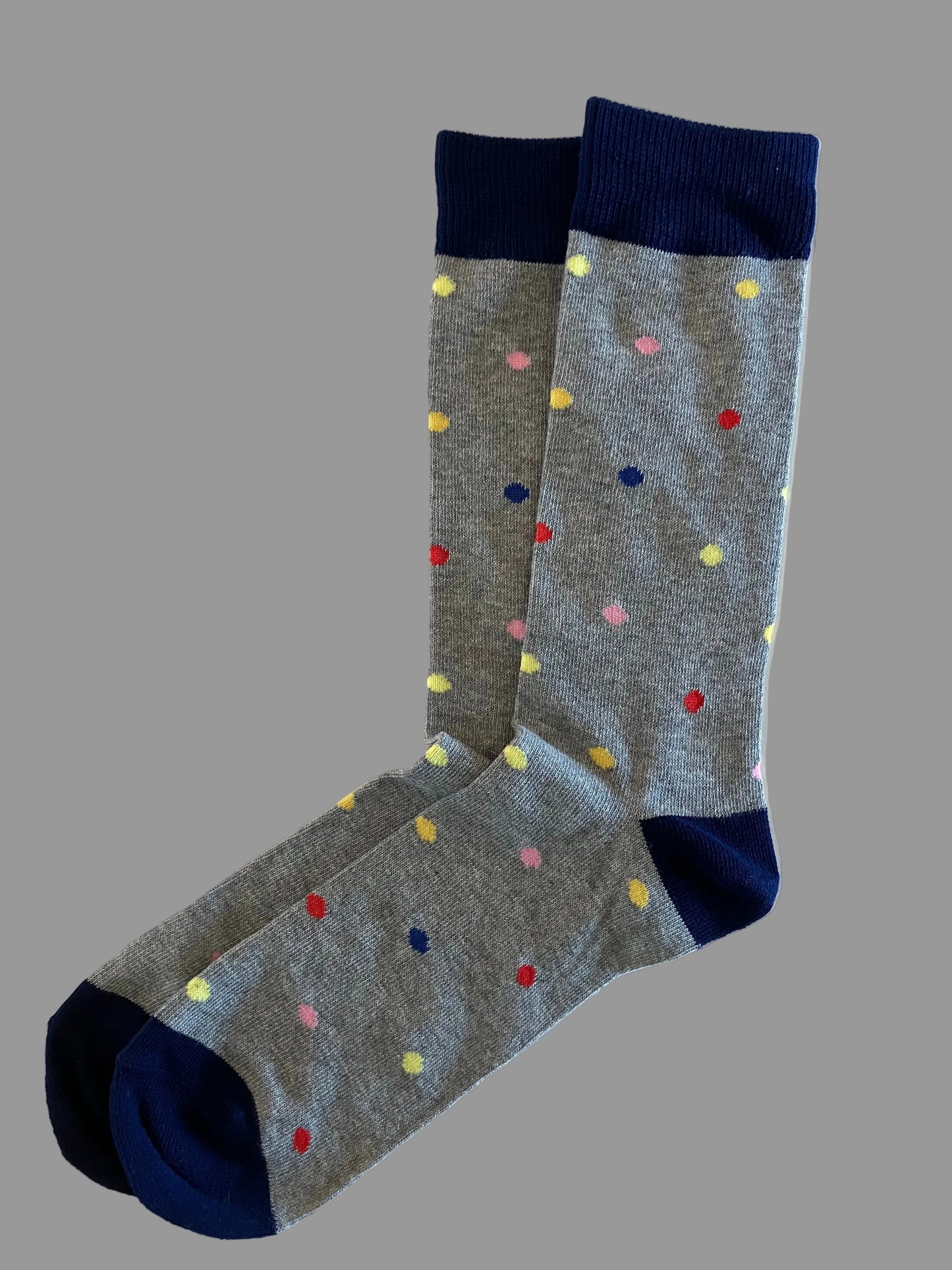 Casual Men's Gray with Navy Blue Accent & Colorful Polka Dots Crew Sock