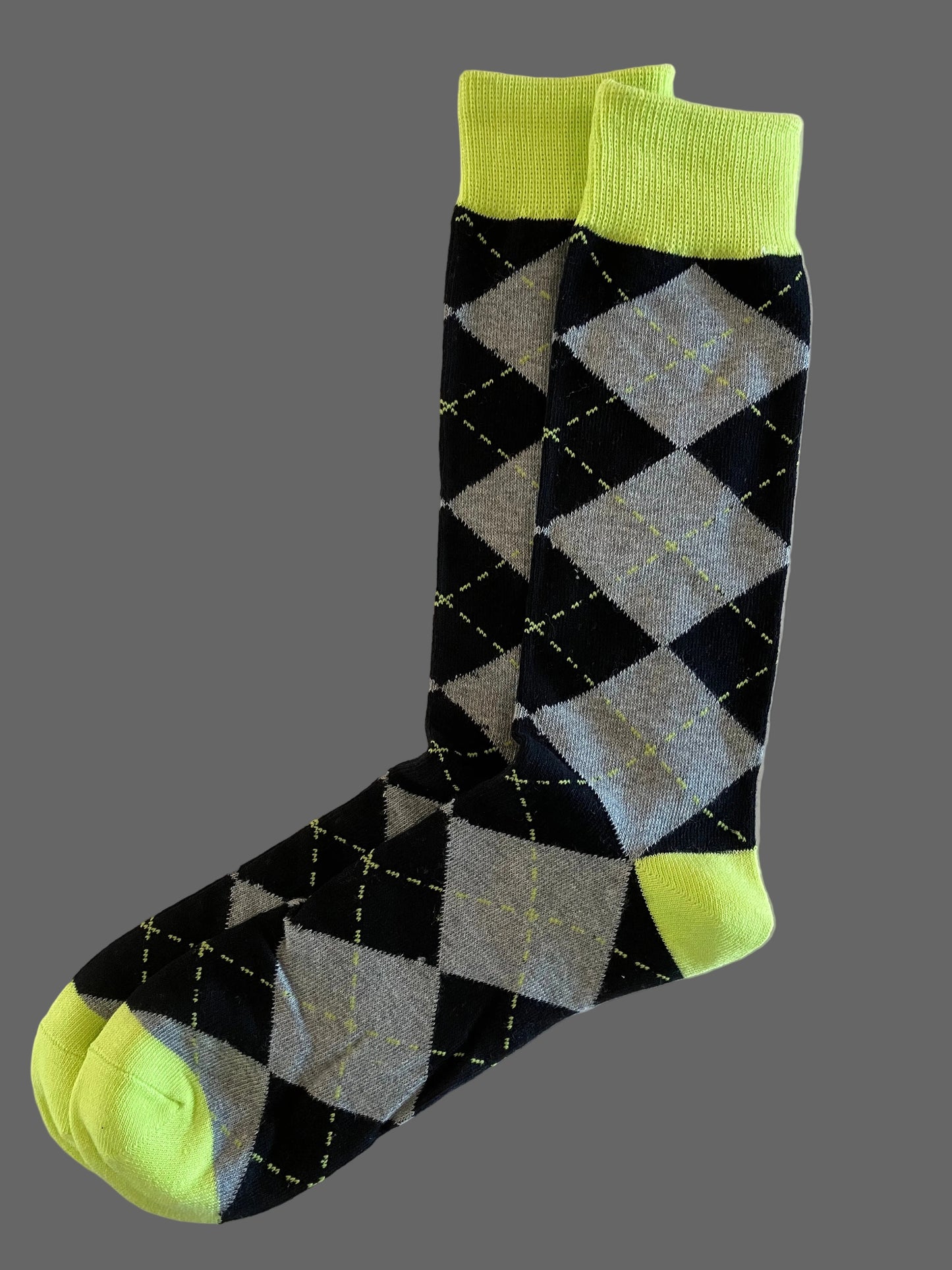 Casual Men's Gray & Black Argyle Style with Highlighter Accent Crew Sock