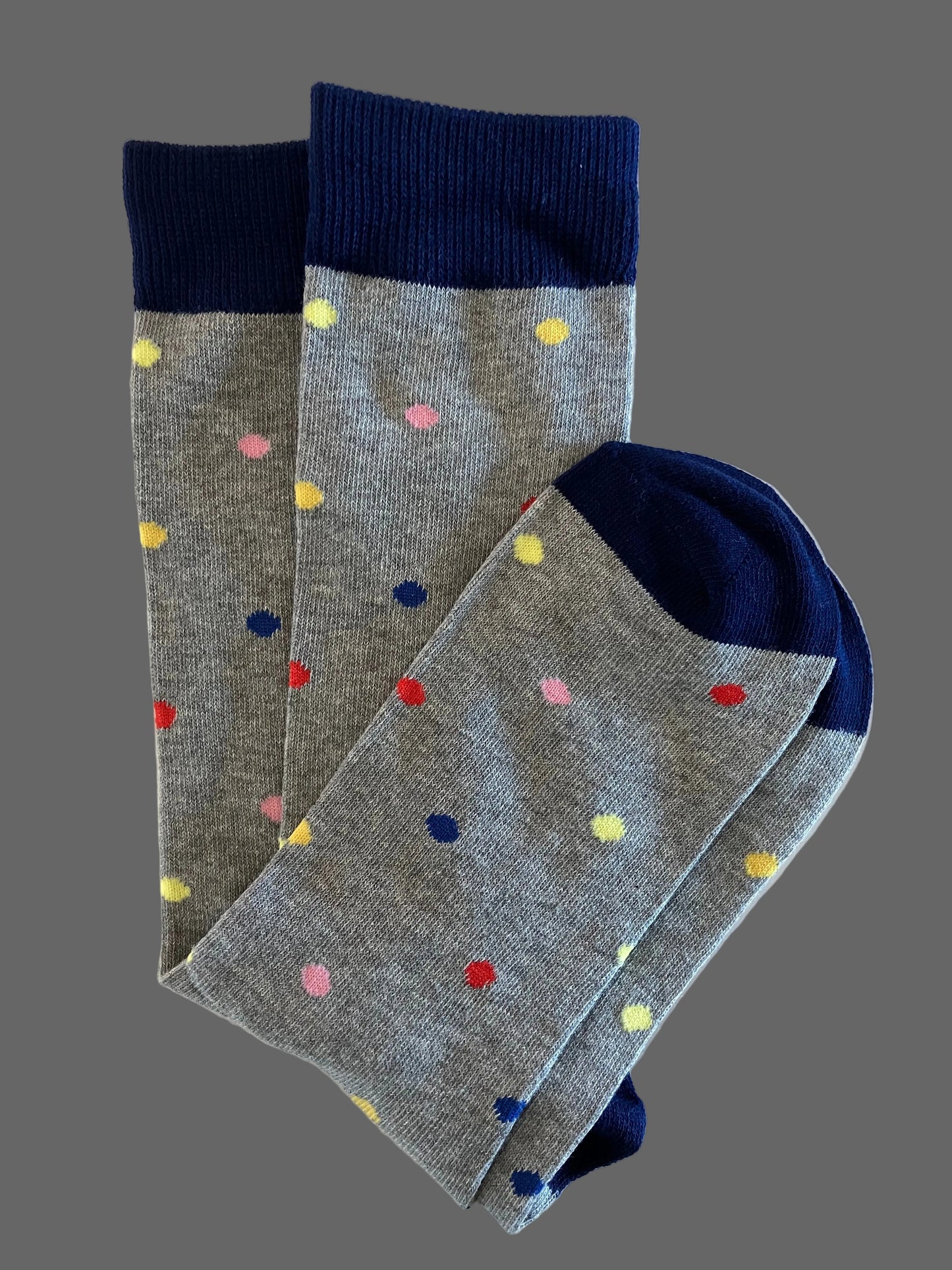 Casual Men's Gray with Navy Blue Accent & Colorful Polka Dots Crew Sock