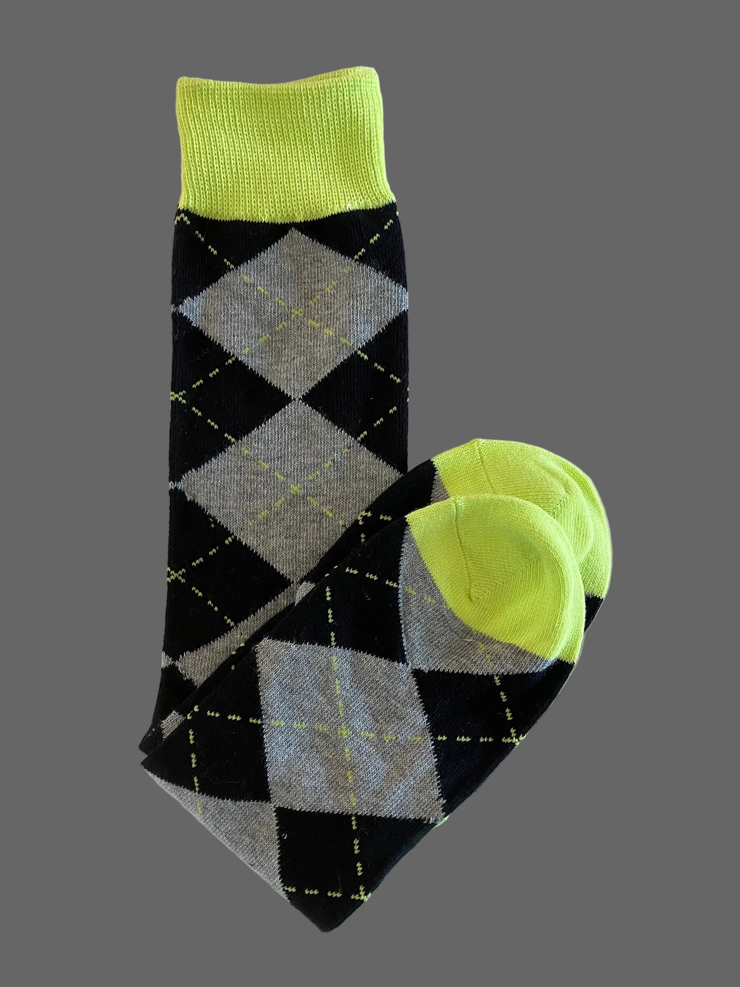 Casual Men's Gray & Black Argyle Style with Highlighter Accent Crew Sock