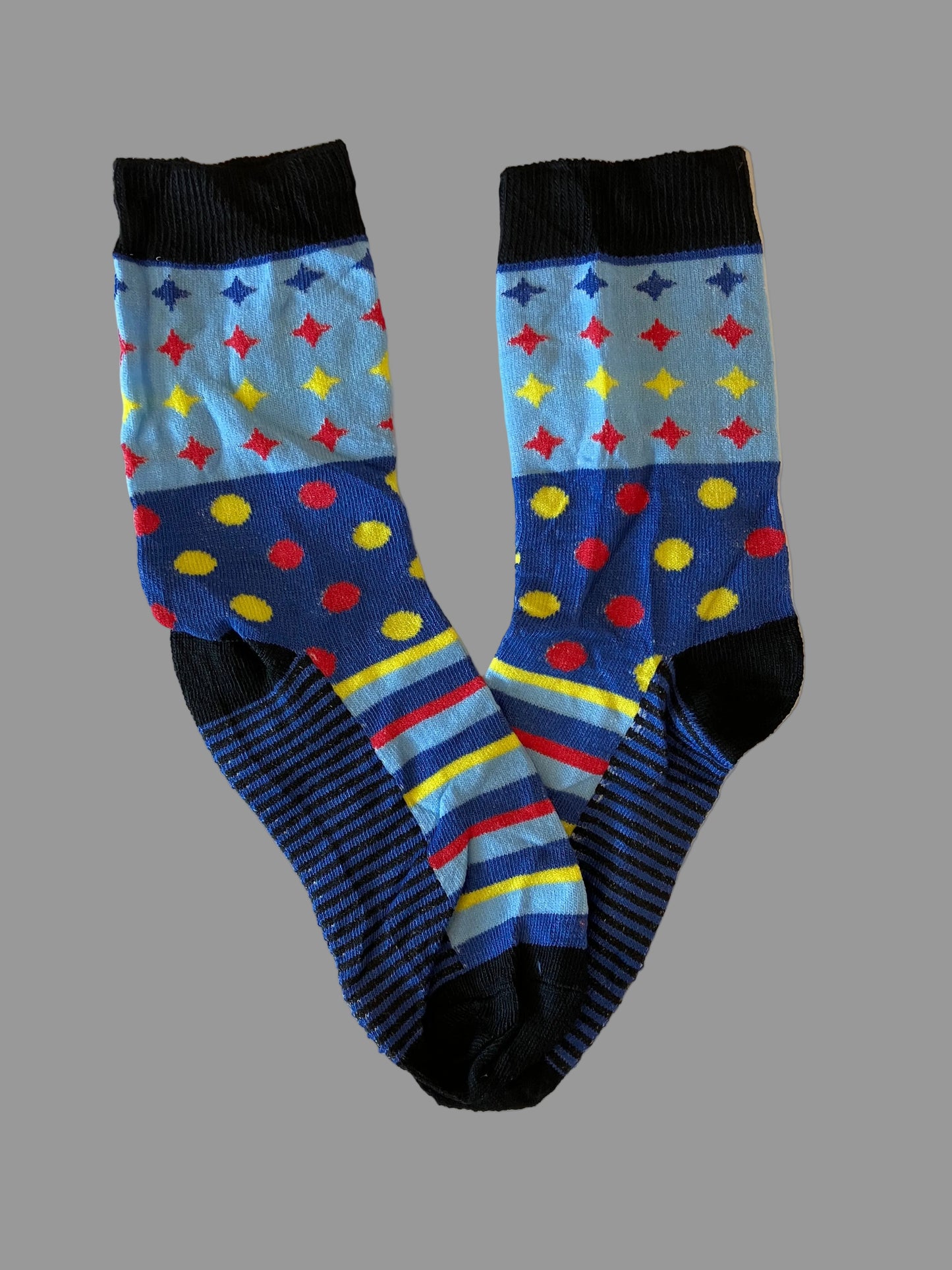 Men's Black/Blue with Red/Yellow/Blue Diamonds, Polka Dots & Stripes Novelty Sock - Shoe Size 7-11