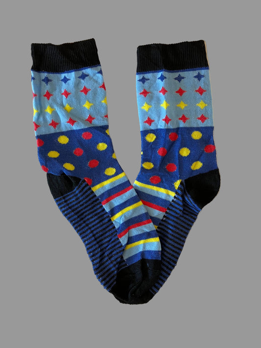 Men's Black/Blue with Red/Yellow/Blue Diamonds, Polka Dots & Stripes Novelty Sock - Shoe Size 7-11