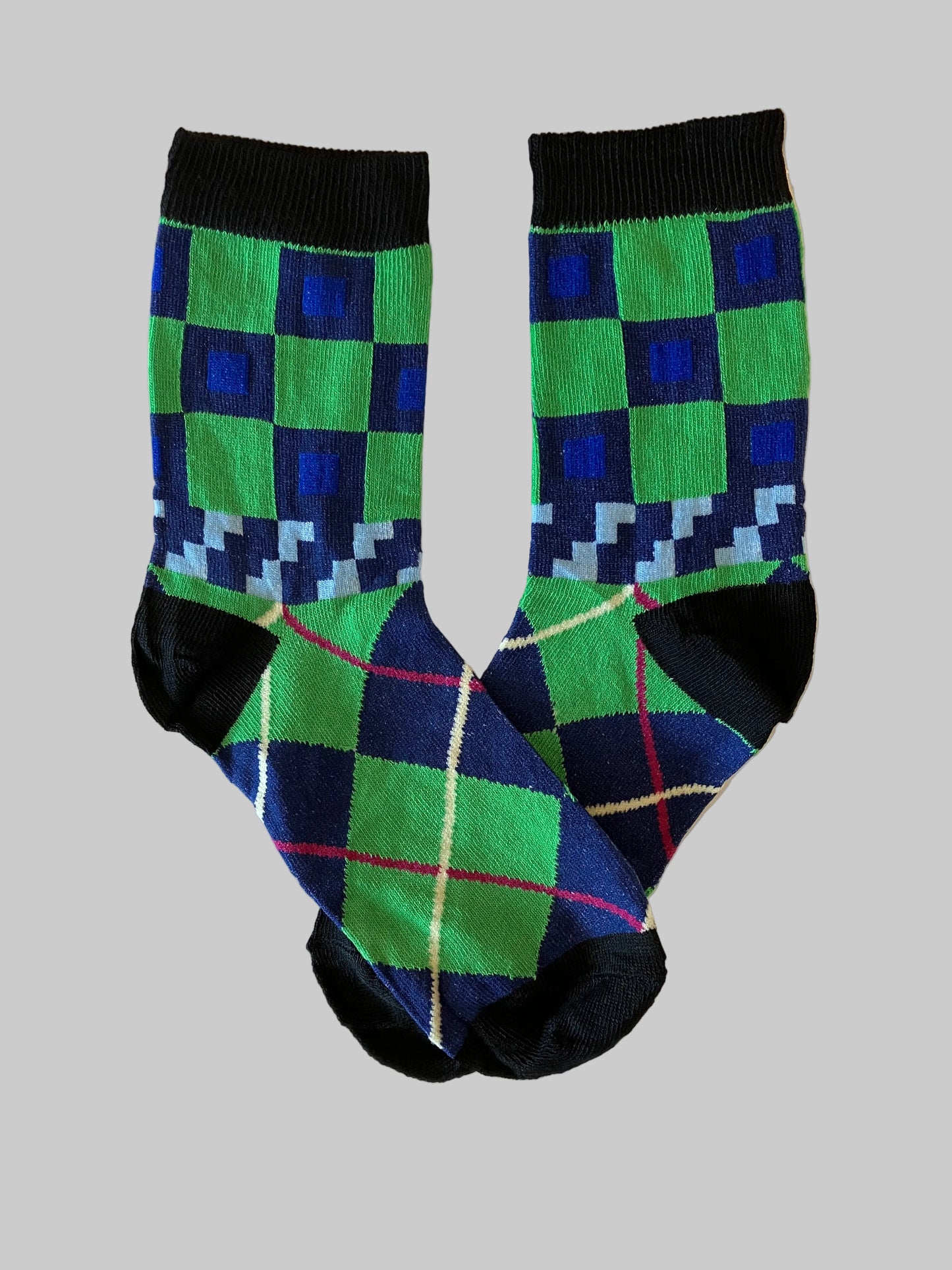 Men's Black/Green/Blue Squares & Diamonds Novelty Sock - Shoe Size 7-11