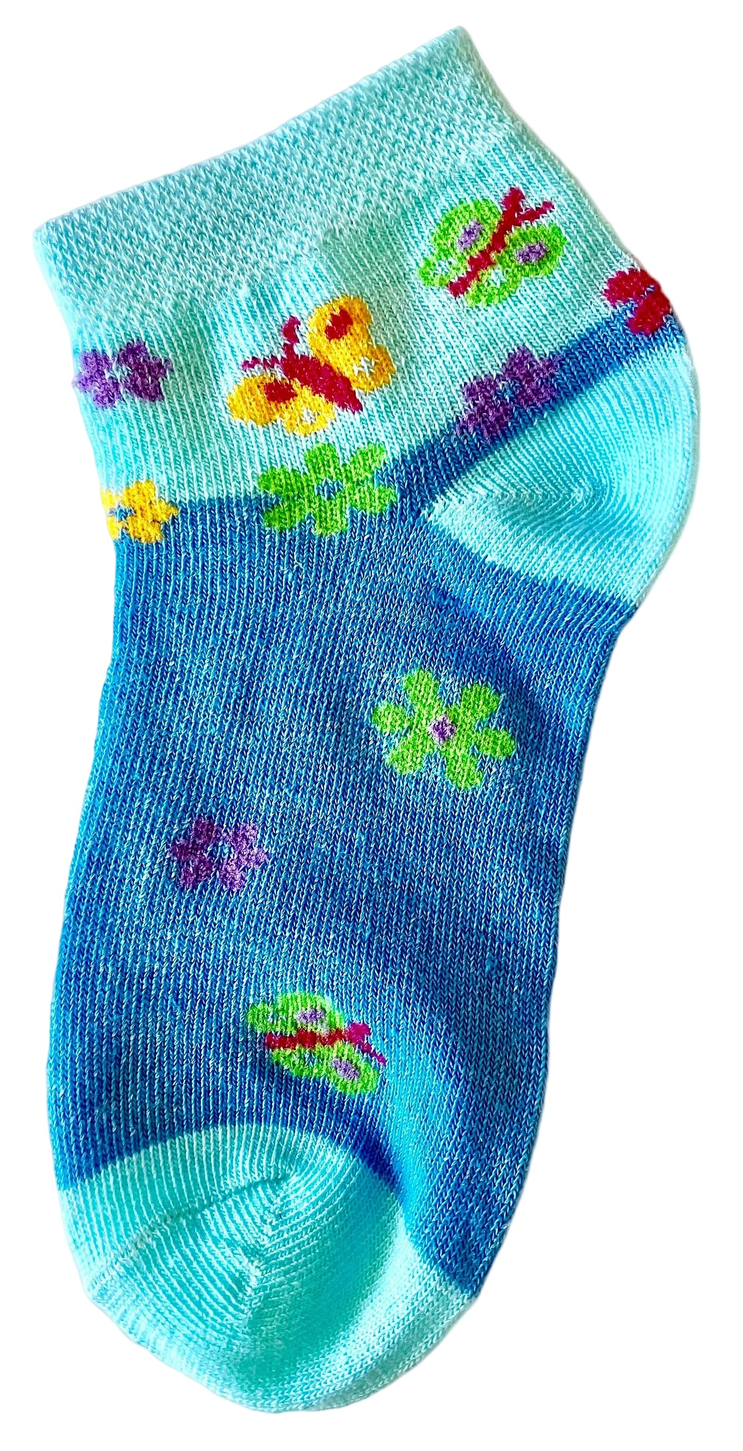 Girl's Blue Ankle Socks – Yellow & Green Butterflies