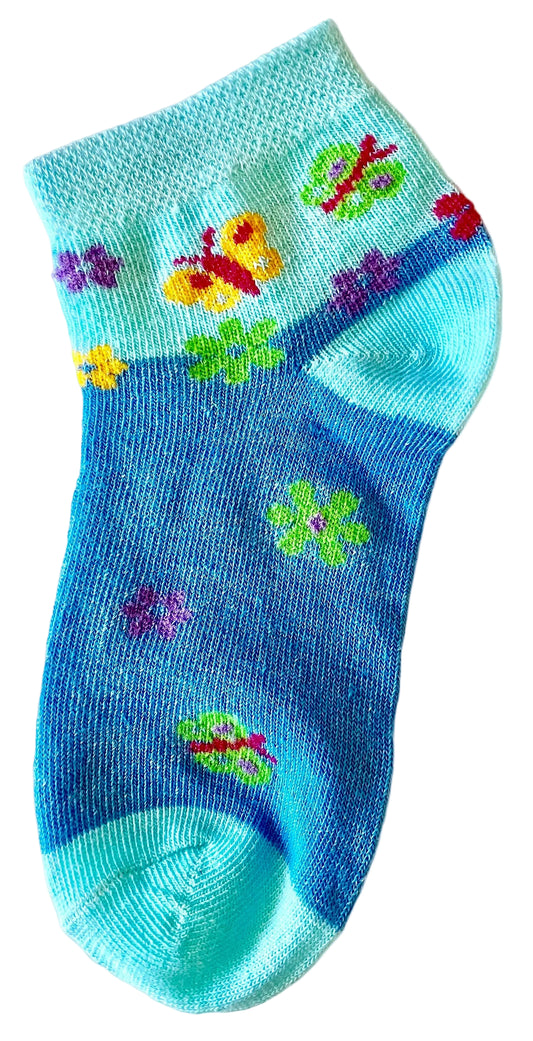 Girl's Blue Ankle Socks – Yellow & Green Butterflies