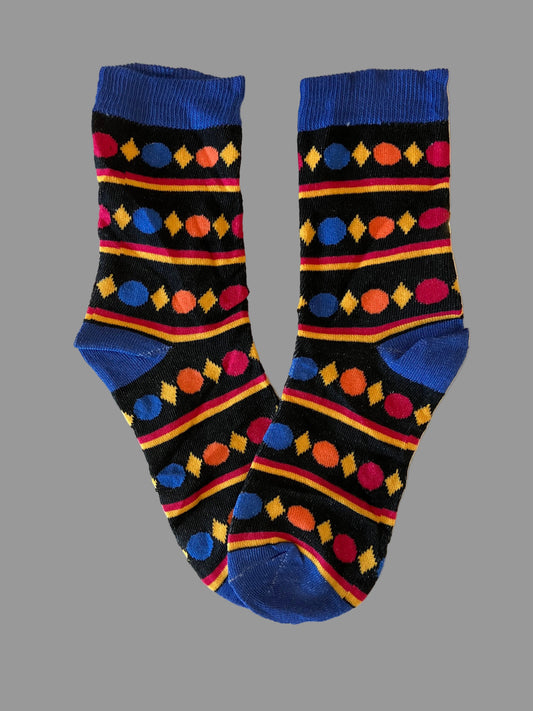 Men's Blue/Yellow Diamonds & Blue/Orange/Red Circles Geometric Novelty Sock - Shoe Size 7-11
