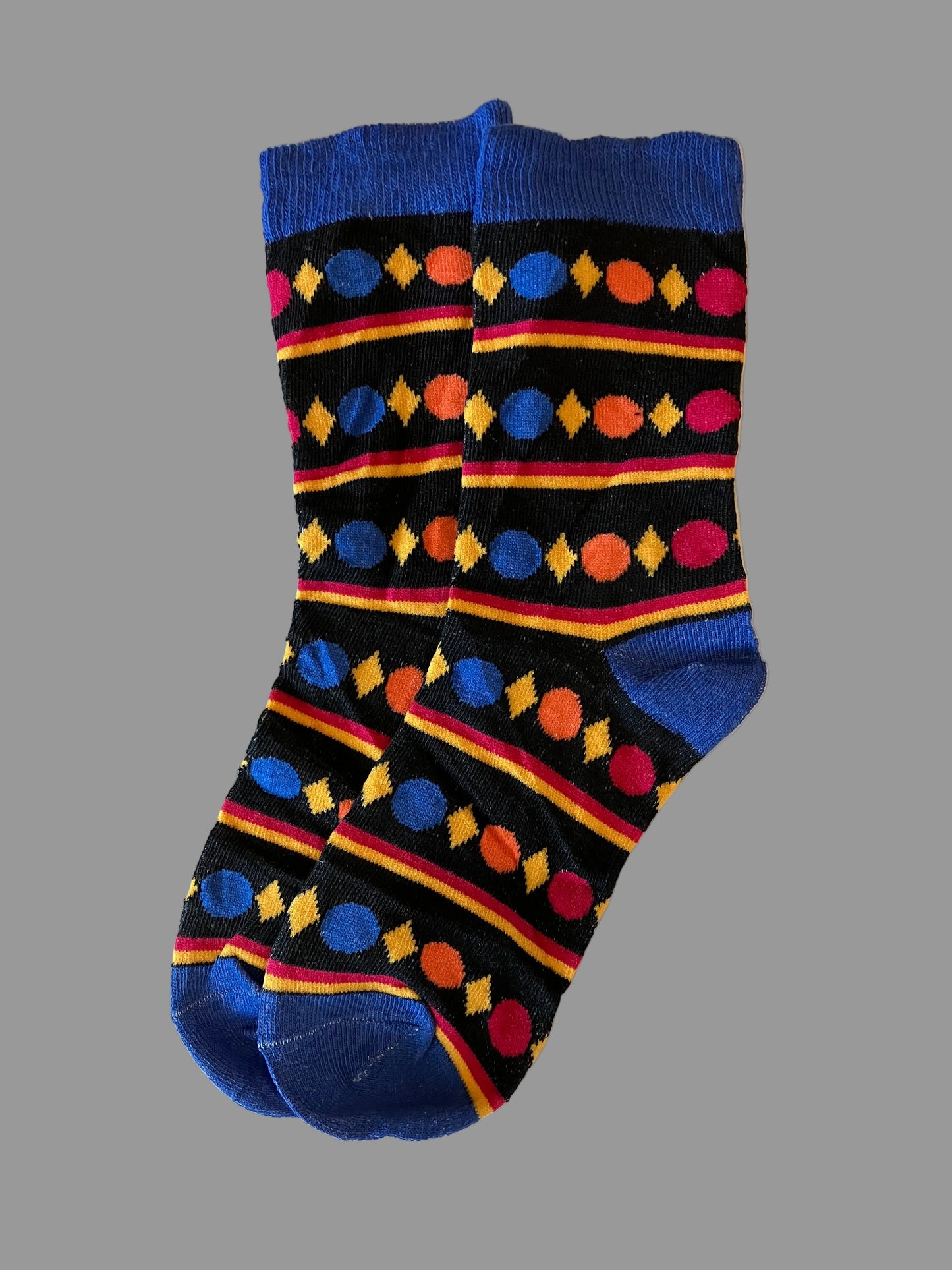 Men's Blue/Yellow Diamonds & Blue/Orange/Red Circles Geometric Novelty Sock - Shoe Size 7-11