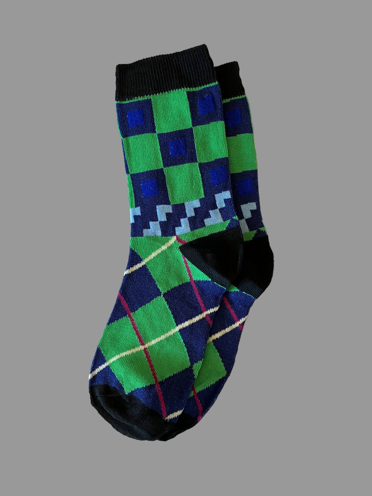 Men's Black/Green/Blue Squares & Diamonds Novelty Sock - Shoe Size 7-11