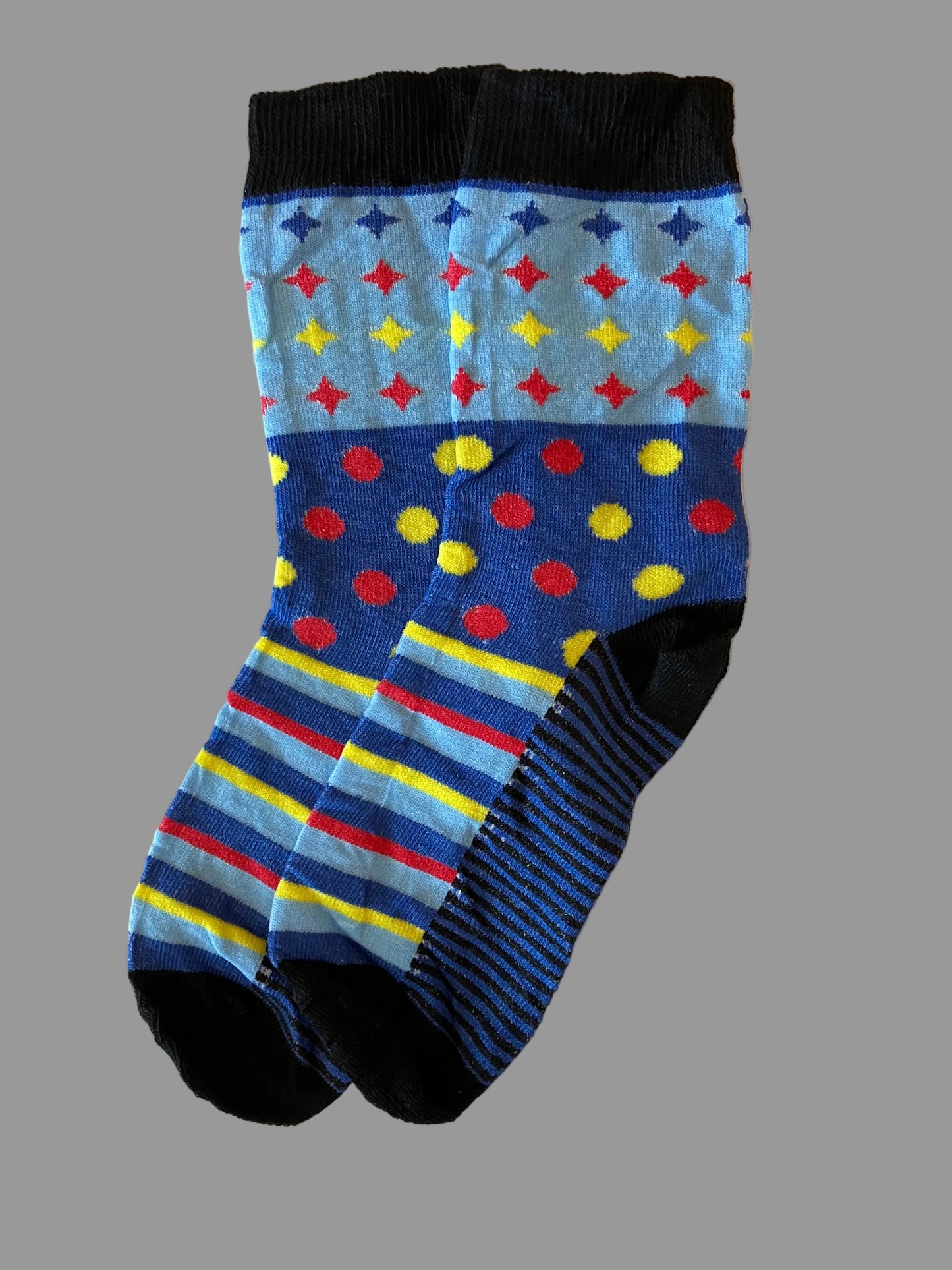 Men's Black/Blue with Red/Yellow/Blue Diamonds, Polka Dots & Stripes Novelty Sock - Shoe Size 7-11